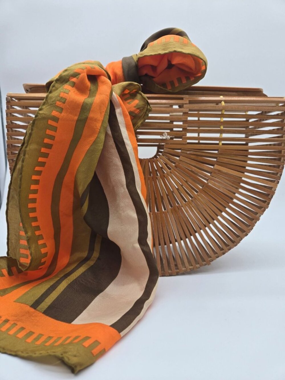 Vintage Bamboo Half Moon Arc Clutch Purse Boho Beach Bag + Scarf